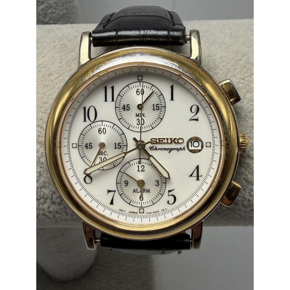 Seiko 7T62-0AY0 Chronograph New Battery Mens Watch 37MM 7.75" Leather Band‎
